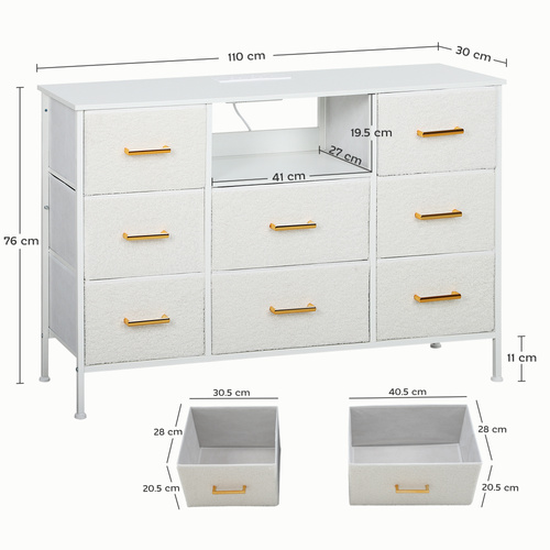 HOMCOM Boucle Chest of Drawers, 8 Fabric Drawers Storage Organiser with Charging Station, 2 USB and 2 AC Ports, Steel Frame, Fabric Dresser for Living Room, Bedroom, Hallway, Cream White