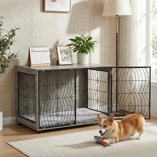PawHut 46.46'' Dog Crate Furniture End Table w/ Plush Washable Cushion, Lockable Door, for Extra Large Dogs