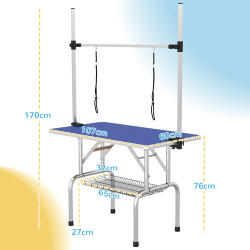 PawHut 42" Dog Grooming Table, Adjustable Pet Cat Drying Beauty Table with 2 Loops Storage Basket, Rubber Top, Blue