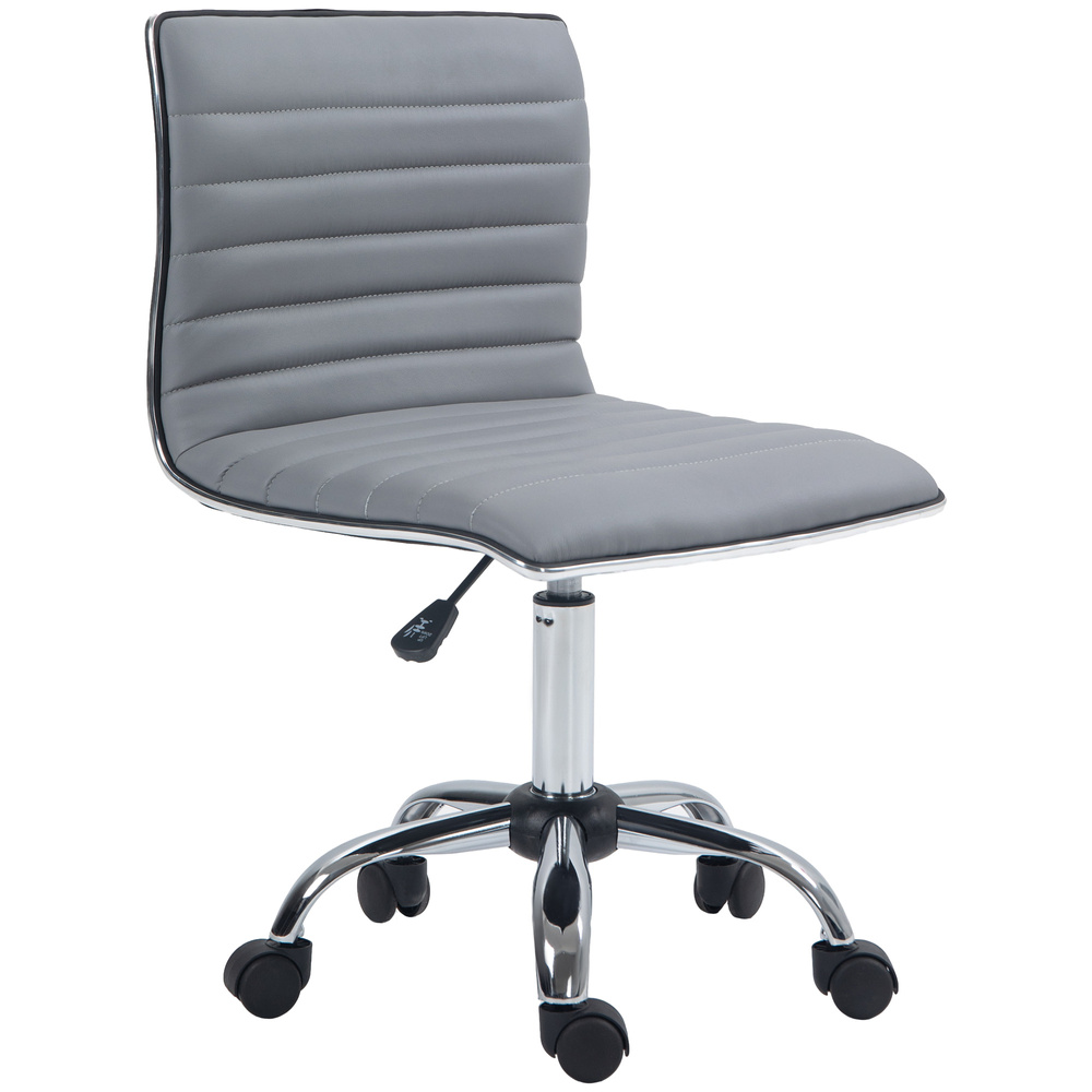HOMCOM Armless Task Desk Chair, Swivel Office Chair with Faux Leather, Adjustable Seat Height, Chrome Base, Wheels for Home, Light Grey