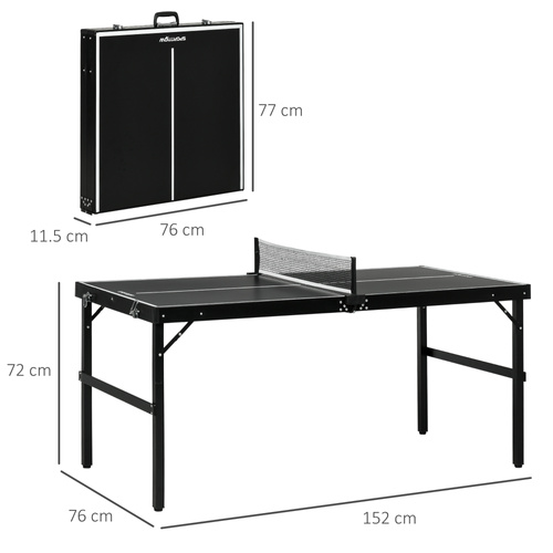 SPORTNOW 5ft Mini Table Tennis Table, Folding Ping Pong Table with Net and Aluminium Frame, Portable Ping Pong Game Set for Indoor Outdoor Use, Black