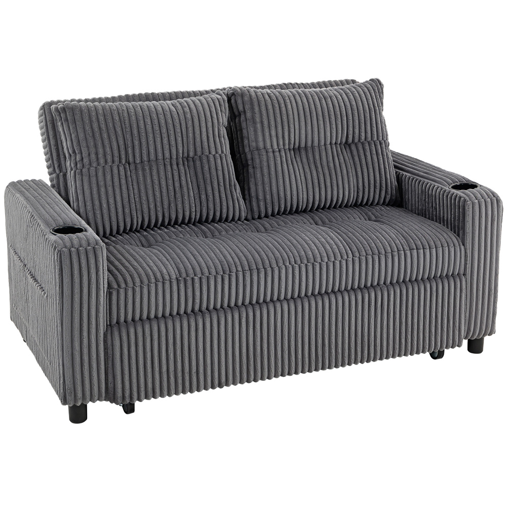 HOMCOM 2 Seater Click Clack Sofa Bed with Pull Out Design, Corduroy Upholstery - Charcoal Grey
