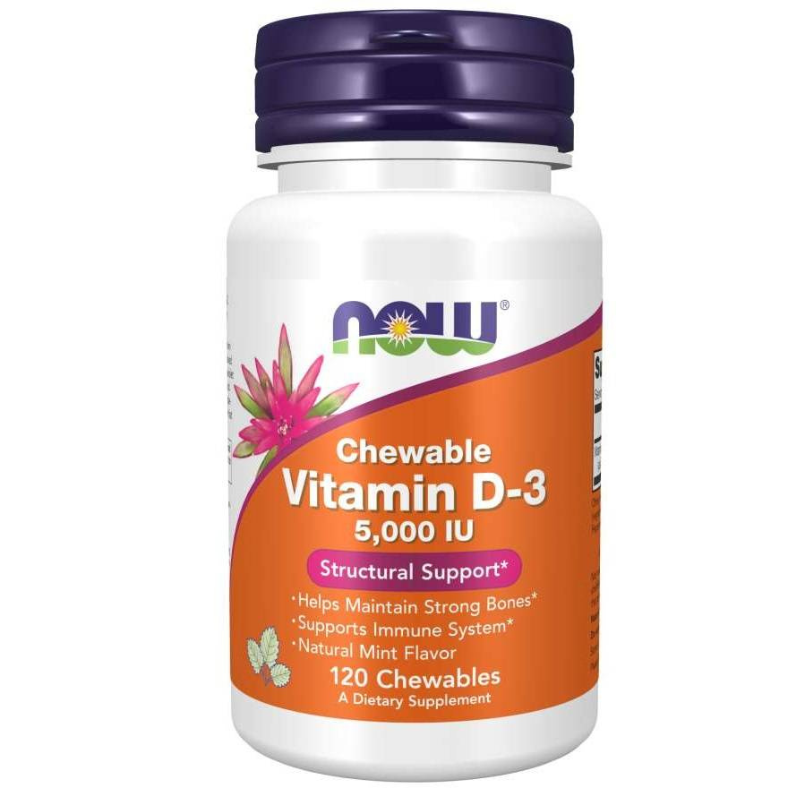 Now Foods Vitamin D-3 5000 IU 120 Wspiera Pracę Mięśni Układu Odpornościowego i Mózgu 120 Tabletek do Ssania