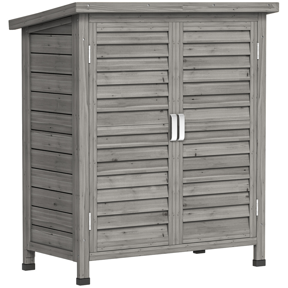 Outsunny Garden Shed Wooden Garden Storage Shed 2 Door Unit Solid Fir Wood Garage Tool Organisation Cabinet, 87L x 46.5W x 96.5Hcm, Grey