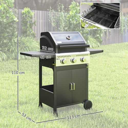 Outsunny 7.5kW Three-Burner Gas BBQ Grill, with See-Through Lid - Black
