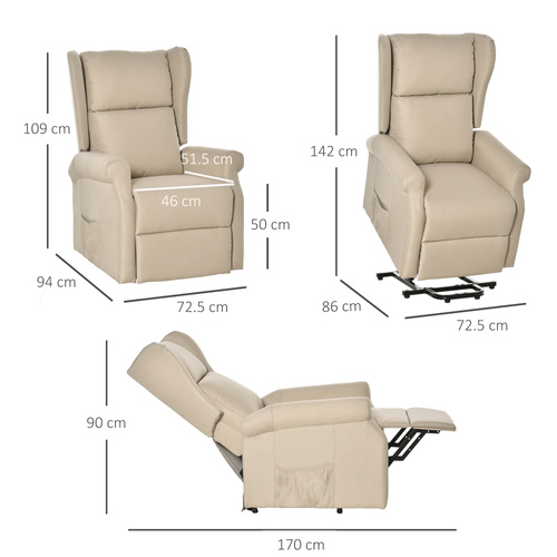 HOMCOM Power Lift Recliner Armchair, Electric Lift Chair for Elderly, Fabric Riser and Reclining Chair with Remote Control, Side Pockets, Extended Footrest, for Living Room, Beige