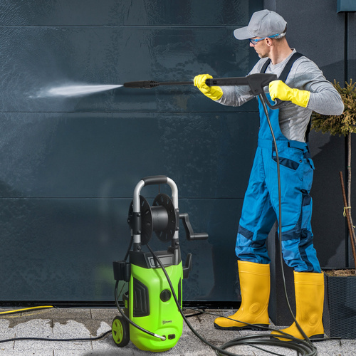 Outsunny 1800W High Pressure Washer, 150 Bar Pressure, 420 L/h Flow, Portable Power Washer Jet Wash Cleaner with Adjustable Nozzle, 6M Hose, Hose Reel, Steel Handle for Home Patio Car Driveway, Green