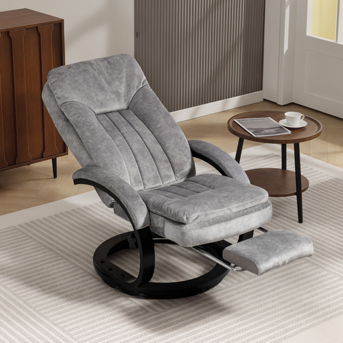 HOMCOM Swivel Recliner Chair with Footrest, Manual Recliner Armchair with Wooden Base, Plush Velvet Upholstered Reclining Chair for Living Room, Bedroom, Office, Grey