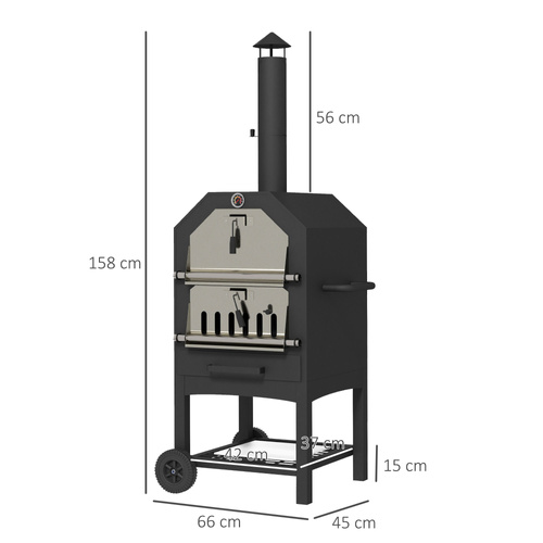 Outsunny Steel 3-Tier Outdoor Pizza Oven Charcoal BBQ Grill, Black