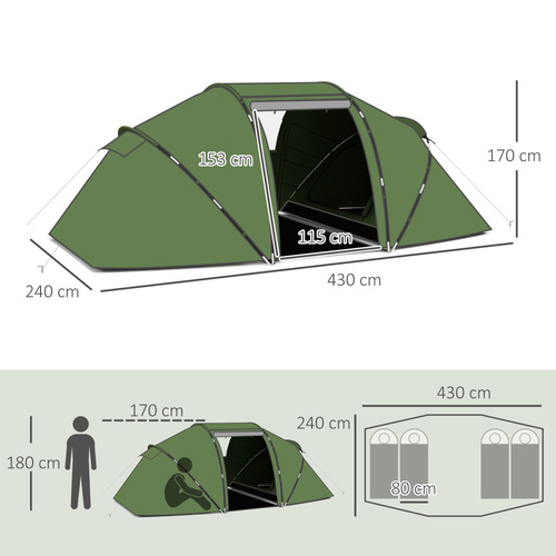 Outsunny 4-6 Man Camping Tent with Living Area and 2 Bedrooms, Hiking Sun Shelter, UV Protection Tunnel Tent, Dark Green