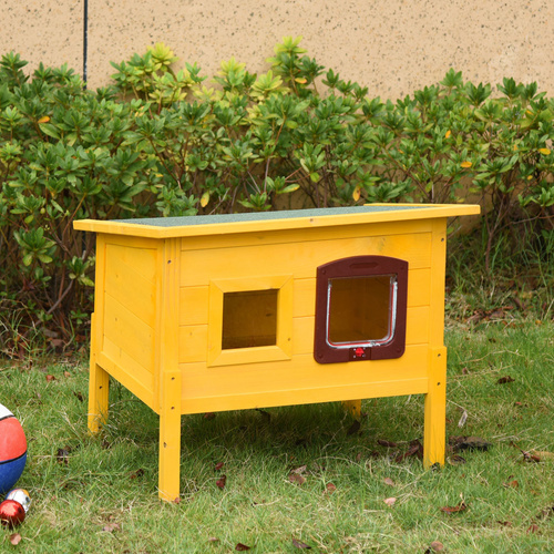 Pawhut Garden Wooden Cat House Hide Cage Outdoor Pet Play Home Waterproof Roof Kitty Shelter Kennel w/ith Door & Window