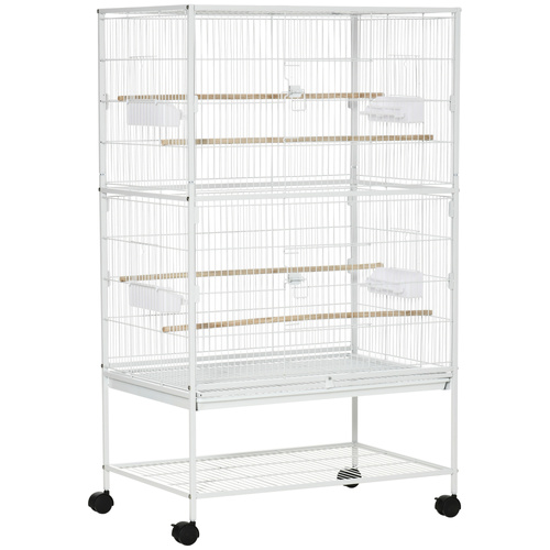 PawHut Large Bird Cage Budgie Cage for Finch Canaries Parakeet with Rolling Stand, Slide-out Tray, Storage Shelf, Food Containers, White