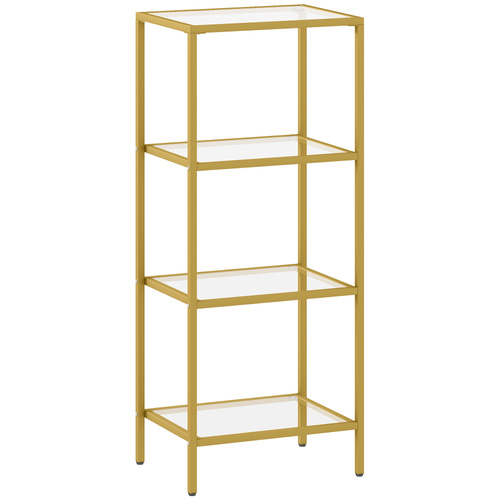 HOMCOM 4-Tier Shelving Unit, Glass Shelf, Vertical Storage Shelf for Living Room, Home Office, Bedroom, Bathroom, Gold Tone