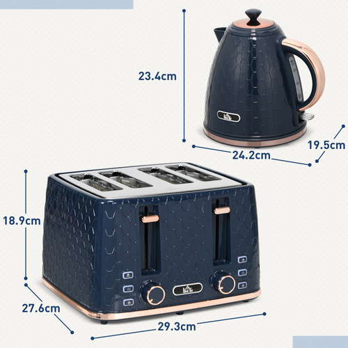 HOMCOM Kettle and Toaster Set, 1.7L 3000W Fast Boil Jug Kettle with Auto Shut Off, 4 Slice Toaster with 7 Level Browning Controls & Crumb Tray, UK Otter Thermostat, Blue