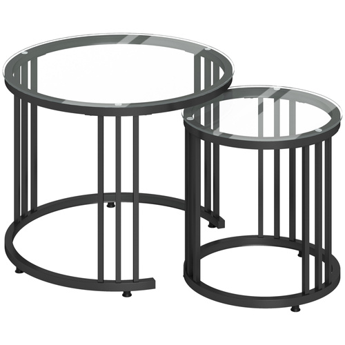 HOMCOM Round Coffee Tables Set of 2, Nesting Tables with Tempered Glass Top and Steel Frame, Black