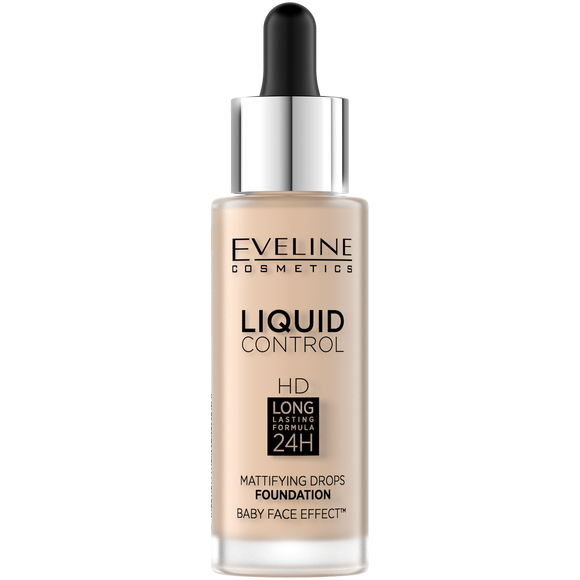 Eveline Liquid Control HD Light Face Foundation with Dropper Mattifying Effect 001 Porcelain 32ml