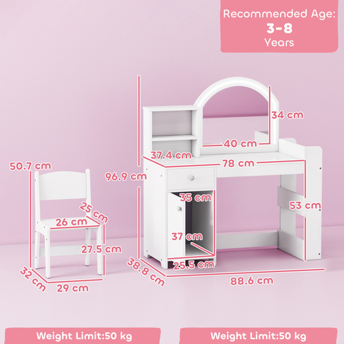 AIYAPLAY Kids Vanity Table and Chair Set, Girls Dressing Table with 2-Colour LED Mirror, Stool, Cabinet, Drawer, Shelves, White