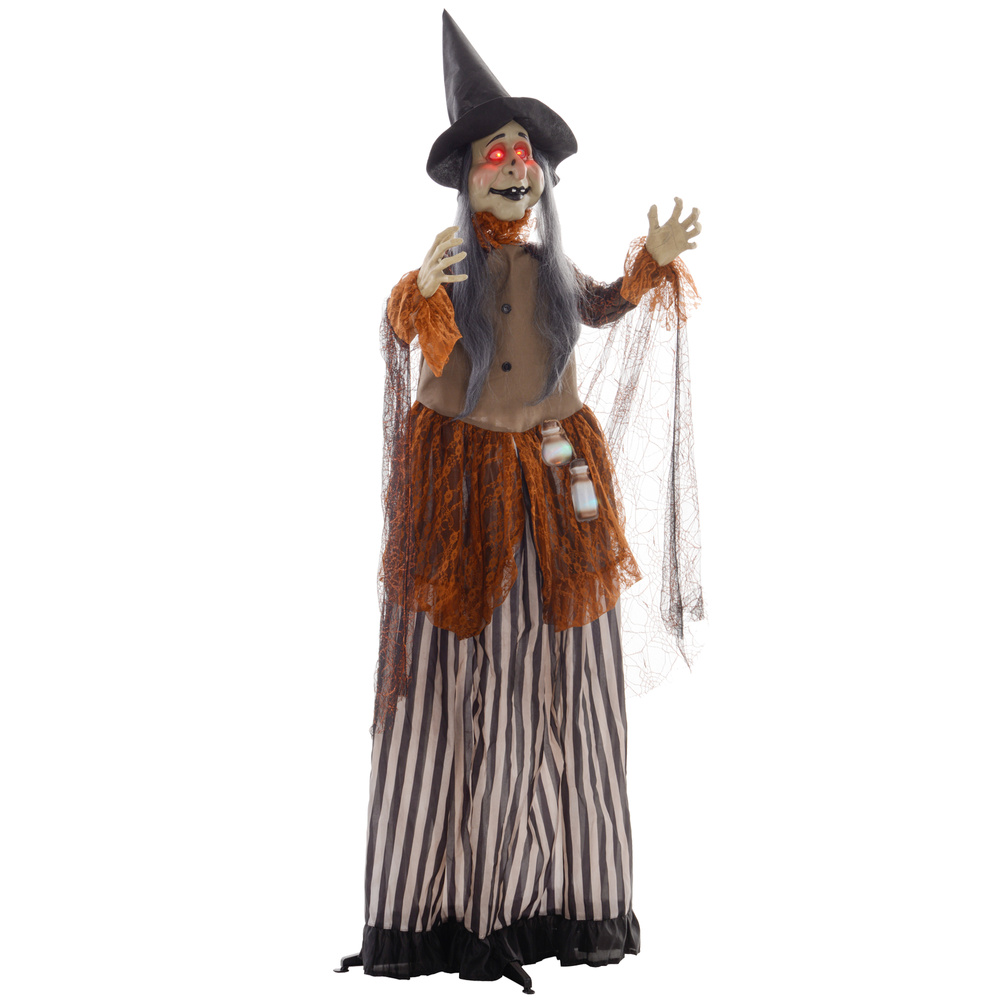 HOMCOM 183 cm Life Size Halloween Animated Standing Fat-Faced Witch with Red Light Up Eyes, Sound Activated Moving Arms & Head, Scary Witch Halloween Decorations, Battery Operated, Indoor Party Props