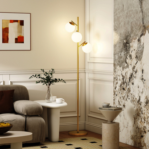 HOMCOM 3-Light Tree Floor Lamps for Living Room, Modern Standing Lamp for Bedroom with Globe Lampshade, 3000K/4000K/6000K Colour Temperatures, Steel Base, Gold Tone