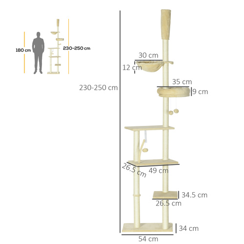 PawHut 230-250cm Floor-to-Ceiling Climbing Cat Tree Tower - Beige