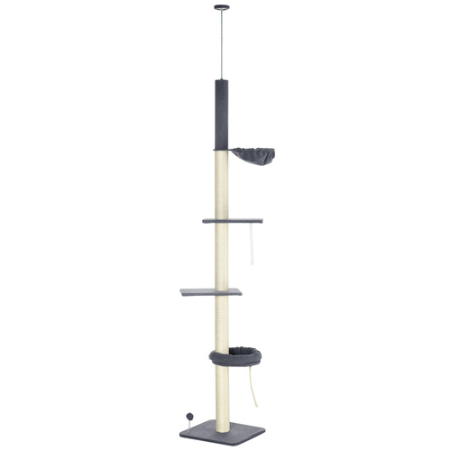 PawHut 240-270cm Floor-To-Ceiling Cat Tree, 5 Tier Cat Climbing Tower, with Bed, Hammock, Platforms, Dark Grey and Cream