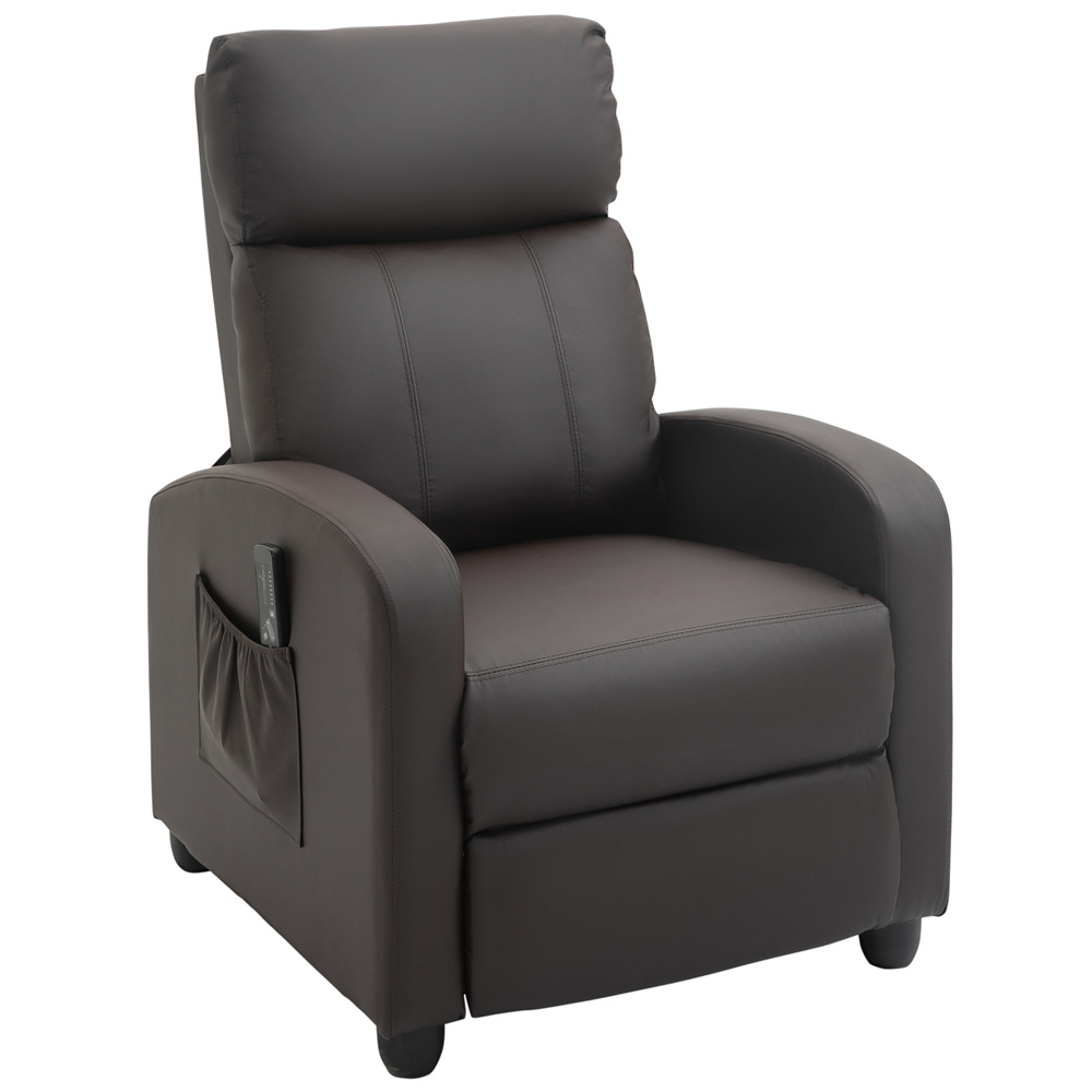 HOMCOM Recliner Armchair, Massage Faux Leather Push Back Reclining Chair with Adjustable Leg Rest, Side Pocket, for Home Living Room Theatre, Brown