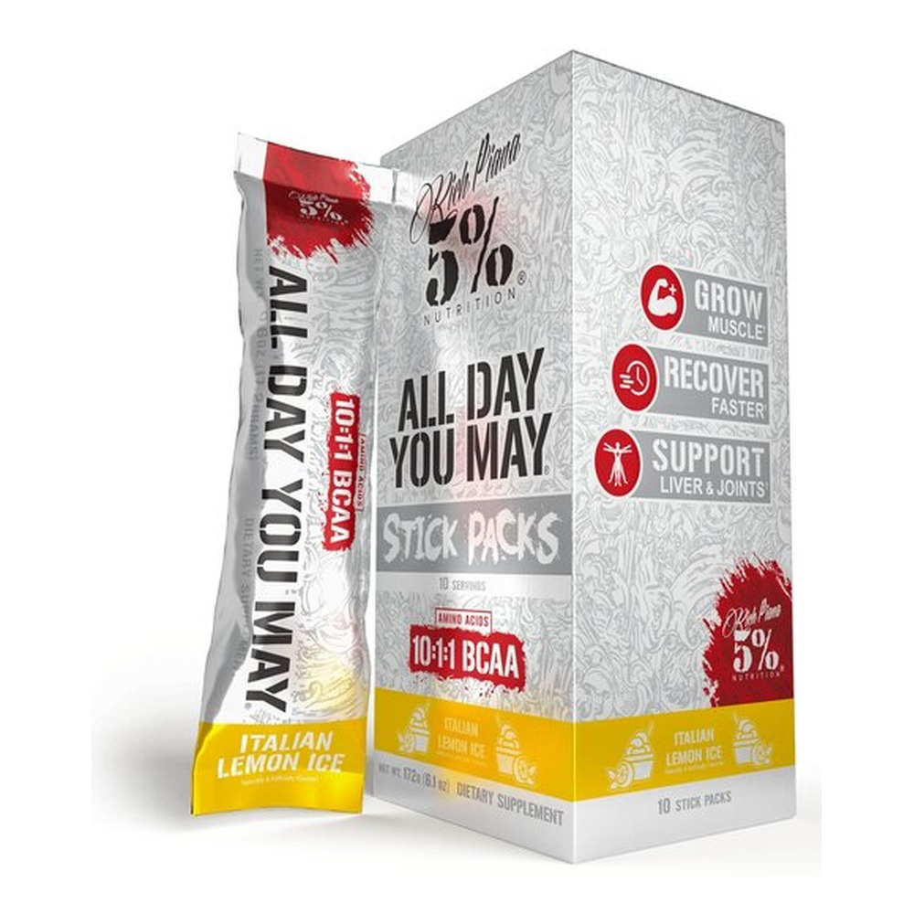 5% Nutrition AllDayYouMay Legendary Series BCAA w Proszku o Smaku Włoskiej Mrożonej Cytryny Na Regenerację i Wzrost Mięśni 10 Saszetek
