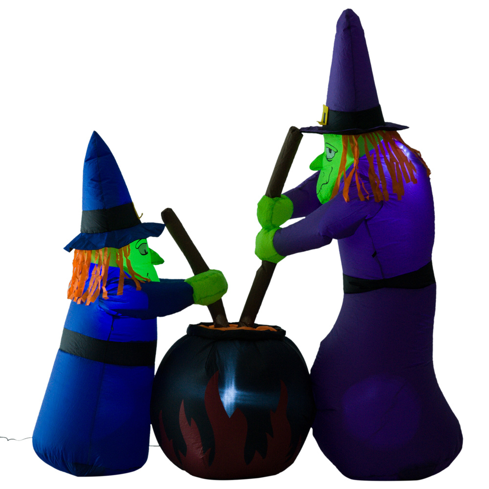 HOMCOM 1.8m Inflatable Halloween Lawn Decoration with LED Witches Around A Black Cauldron Outdoor Air Blown Holiday Décor
