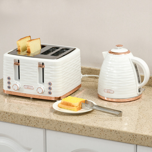 HOMCOM Kettle and Toaster Sets, 3000W 1.7L Rapid Boil Kettle & 4 Slice Toaster with 7 Browning Controls, Defrost, Reheat and Crumb Tray, UK Otter thermostat, Cream White