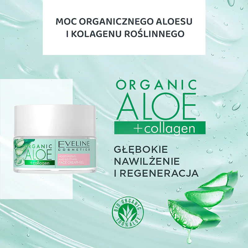 Eveline Organic Aloe + Collagen Light Vegan Cream Gel Moisturizing Soothing Face 50ml