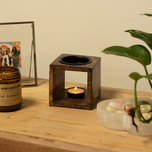 Large Square Mango Wood Oil Burner- Buddha Face