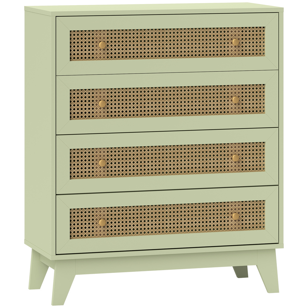 HOMCOM Chest of Drawers, 4-Drawer Storage Organiser Unit with Rattan Element for Bedroom, Living Room, Light Green