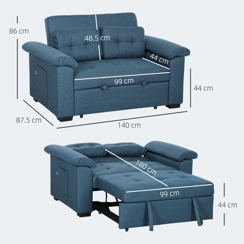 HOMCOM Pull Out Sofa Bed, Fabric 2 Seater Click Clack Sofa Bed Settee with 2 Pocket Springs, Convertible Sofa Couch with Pillows and Side Pockets for Living Room, Home Office, Blue