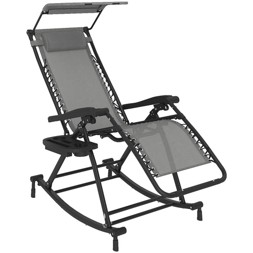 Outsunny Garden Rocking Chair Folding Recliner Outdoor Adjustable Sun Lounger Rocker Zero-Gravity Seat with Headrest Side Holder Patio Deck - Grey