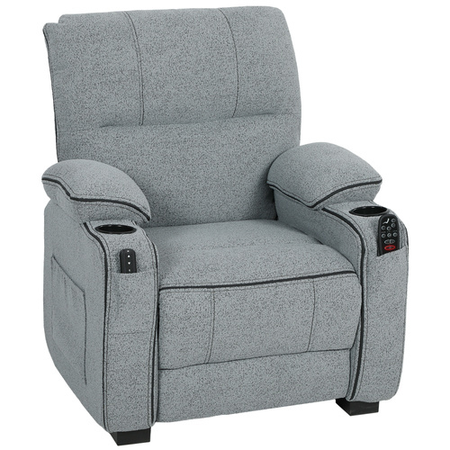 HOMCOM Electric Massage Recliner Armchair with Vibration, Heat, Whisper-Quiet Motor, Memory Function, Velvet Power Reclining Chair with Spring Pack, USB Port, Footrest, Side Pocket, Cup Holders, Grey