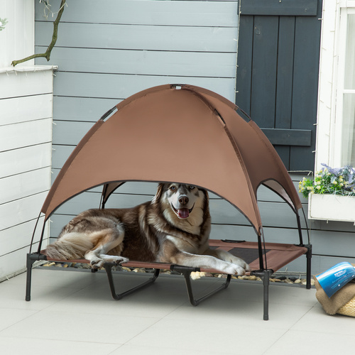 PawHut Raised Dog Bed Waterproof Elevated Pet Cot with Breathable Mesh UV Protection Canopy Brown, for XL Dogs, 122 x 92 x 108cm