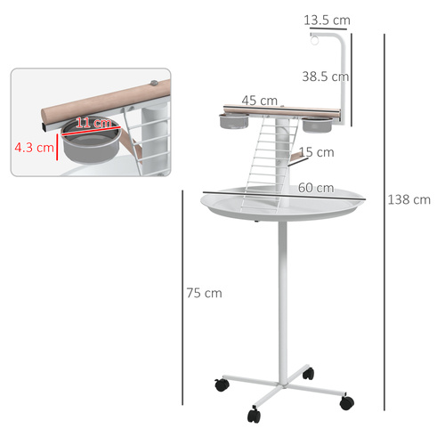 PawHut Bird Stand with Four Wheels, Perches, Stainless Steel Feed Bowls, Round Tray, for Garden, Indoor, Outdoor - White