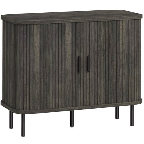 HOMCOM Mid-Century Modern Sideboard Storage Cabinet with Slatted Tambour Sliding Doors, Kitchen Cabinet with Steel Legs, Grey