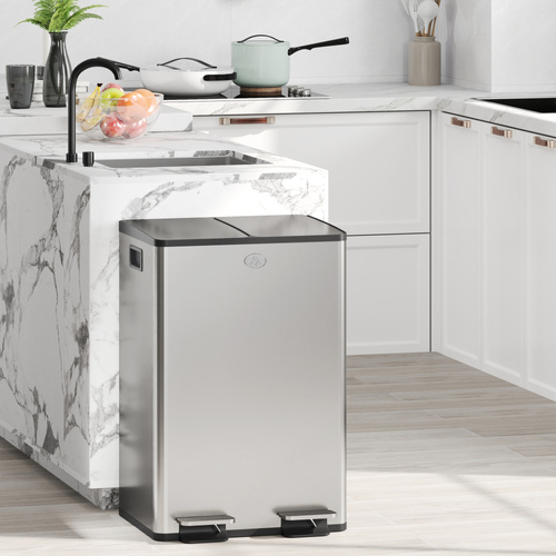 HOMCOM 56L Dual Compartment Stainless Steel Bin, with Deodoriser Holders - Silver Tone