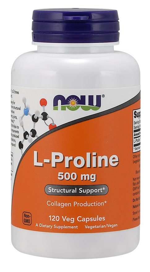 NOW Foods L-Proline 500 mg Wsparcie Produkcji Kolagenu i Struktury Tkanek 120 Kapsułek