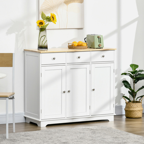 HOMCOM Sideboard with Rubber Wood Top, Modern Storage Cabinet, Kitchen Cupboard with 3 Doors, 3 Drawers and 3 Adjustable Shelves for Dining Room, Living Room, White