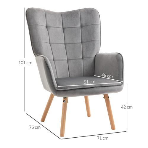 HOMCOM Modern Accent Chair, Upholstered Tufted Wingback Armchair with Seat Padding, Velvet Leisure Lounge Bedroom Chair with Wood Legs, Grey