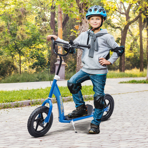 HOMCOM Kids Scooter Kick Scooter, with 12" EVA Tyres, Rear Brake, Big Wheels Scooter for 5-12 Years , Blue