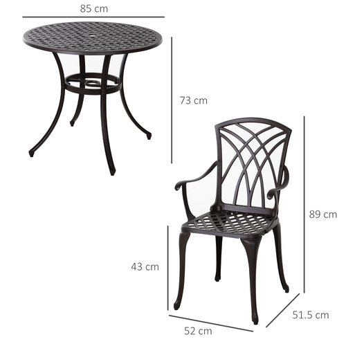 Outsunny 5 Pieces Garden Dining Set for 4, Cast Aluminium Outdoor Dining Set with 4 Armchairs and Round Dining Table with Parasol Hole, Garden Furniture Set, Brown