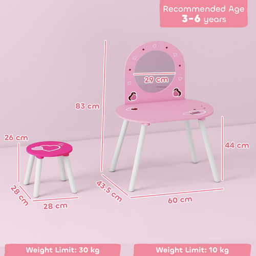 AIYAPLAY Kids Dressing Table with Mirror and Stool, Girls Vanity Set for Kids Room, Bedroom, Nursery, for Ages 3–6 Years, Pink