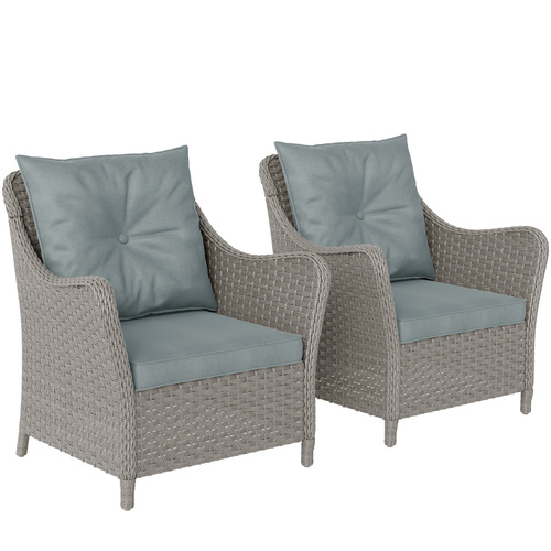 Outsunny Rattan Garden Chairs Set of 2, Outdoor Rattan Chairs with Cushions, Armrests and High Back, PE Wicker Garden Armchair with Steel Frame for Balcony, Porch, Light Grey