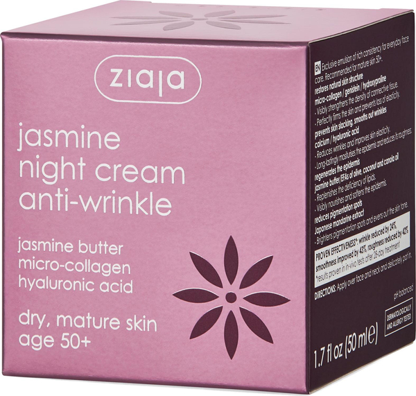 Ziaja Jasmine Anti-Wrinkle Cream 50+ with Hyaluronic Acid for Mature Skin at Night Vegan 50ml