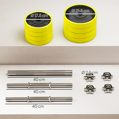 HOMCOM 20KGS 2-In-1 Dumbbell & Barbell Adjustable Set Strength Muscle Exercise Fitness Plate Bar Clamp Rod Home Gym Sports Area, Yellow
