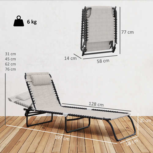 Outsunny Foldable Sun Lounger, Outdoor 4 Level Adjustable Backrest Reclining Chaise Chair, Steel Frame Recliner Chair for Camping, Hiking, Cream White