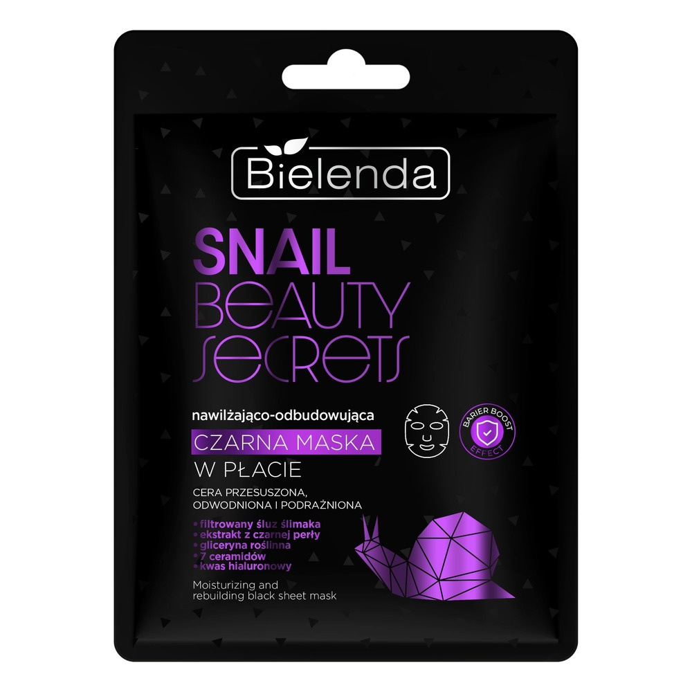 Bielenda Snail Beauty Secret Nawilżająco - Odbudowująca Czarna Maska w Płacie z Filtrowanym Śluzem Ślimaka dla Skóry Suchej Odwodnionej i Podrażnionej 1 Sztuka